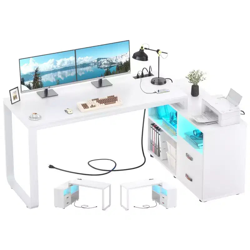 Escritorio para computadora en forma de L de 62" con cajón para archivos e iluminación LED