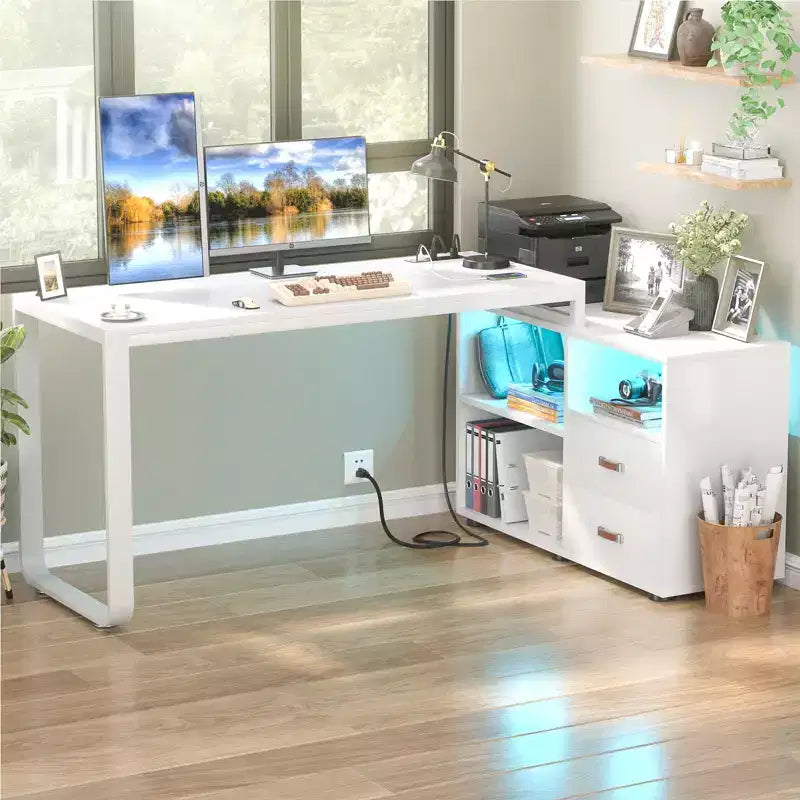 Escritorio para computadora en forma de L de 62" con cajón para archivos e iluminación LED