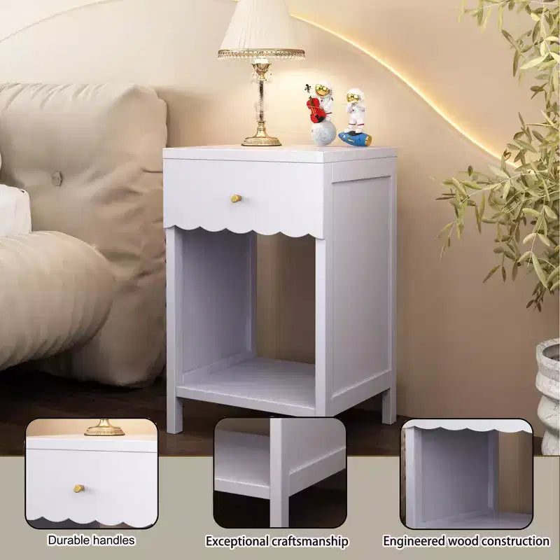Mesita de Noche con Borde Festoneado con Cajón y Estante Abierto, Mesita de Noche de 26.77 Pulgadas de Alto para Dormitorio o Habitación Infantil, Lila