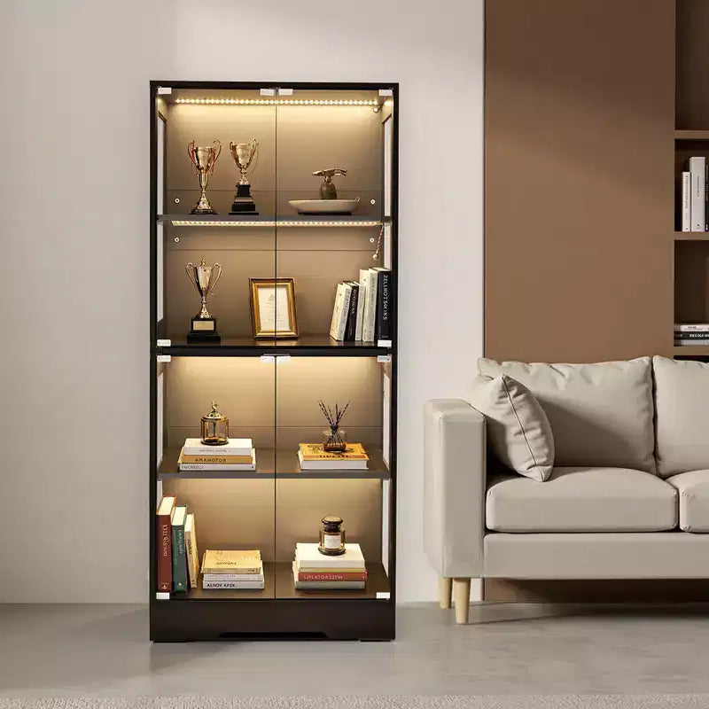 Vitrina con puertas de cristal, vitrina iluminada de 65 pulgadas de alto con luces de 3 colores, vitrina de coleccionables de 4 niveles, negra