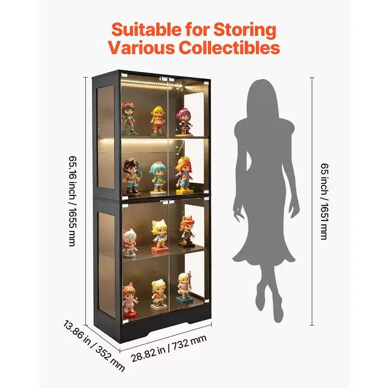 Vitrina con puertas de cristal, vitrina iluminada de 65 pulgadas de alto con luces de 3 colores, vitrina de coleccionables de 4 niveles, negra