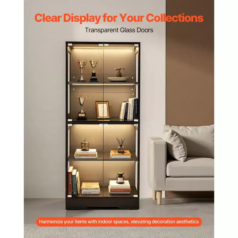 Vitrina con puertas de cristal, vitrina iluminada de 65 pulgadas de alto con luces de 3 colores, vitrina de coleccionables de 4 niveles, negra