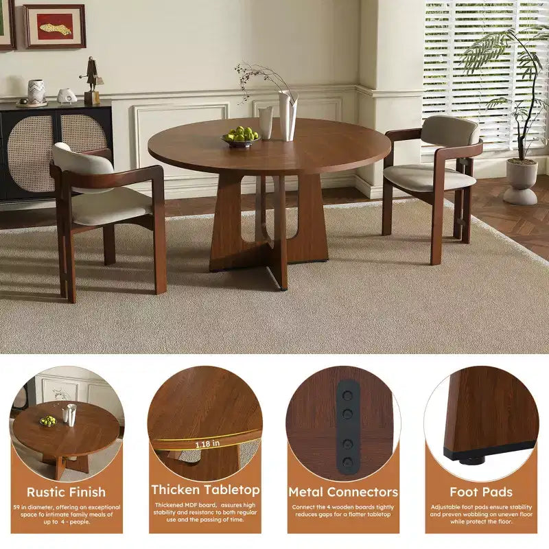 Mesa de comedor redonda de 47 pulgadas para 4 personas, mesa de cocina estilo rústico, mesa circular de MDF con acabado de vetas de madera, capacidad de peso de 300 lb para comedor, cocina, sala de estar