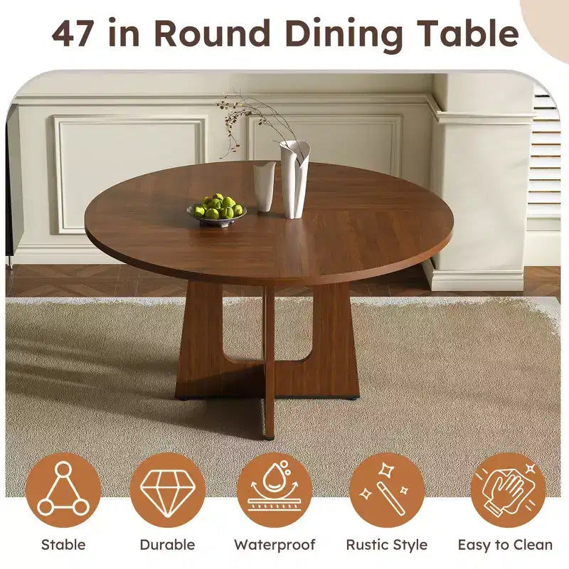 Mesa de comedor redonda de 47 pulgadas para 4 personas, mesa de cocina estilo rústico, mesa circular de MDF con acabado de vetas de madera, capacidad de peso de 300 lb para comedor, cocina, sala de estar