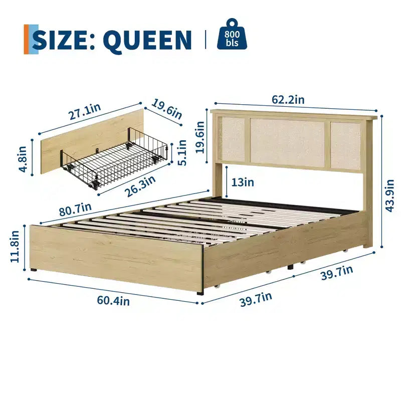 Base de cama con cabecero de ratán natural, 4 cajones de almacenamiento, lamas, soporte de colchón de caña de estilo bohemio, base de metal resistente con madera elástica
