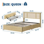 Base de cama con cabecero de ratán natural, 4 cajones de almacenamiento, lamas, soporte de colchón de caña de estilo bohemio, base de metal resistente con madera elástica