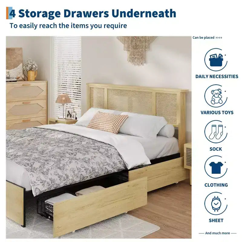 Base de cama con cabecero de ratán natural, 4 cajones de almacenamiento, lamas, soporte de colchón de caña de estilo bohemio, base de metal resistente con madera elástica