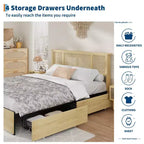 Base de cama con cabecero de ratán natural, 4 cajones de almacenamiento, lamas, soporte de colchón de caña de estilo bohemio, base de metal resistente con madera elástica