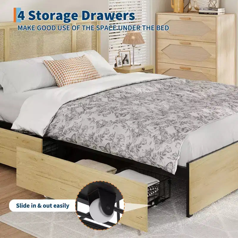 Base de cama con cabecero de ratán natural, 4 cajones de almacenamiento, lamas, soporte de colchón de caña de estilo bohemio, base de metal resistente con madera elástica