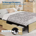 Base de cama con cabecero de ratán natural, 4 cajones de almacenamiento, lamas, soporte de colchón de caña de estilo bohemio, base de metal resistente con madera elástica