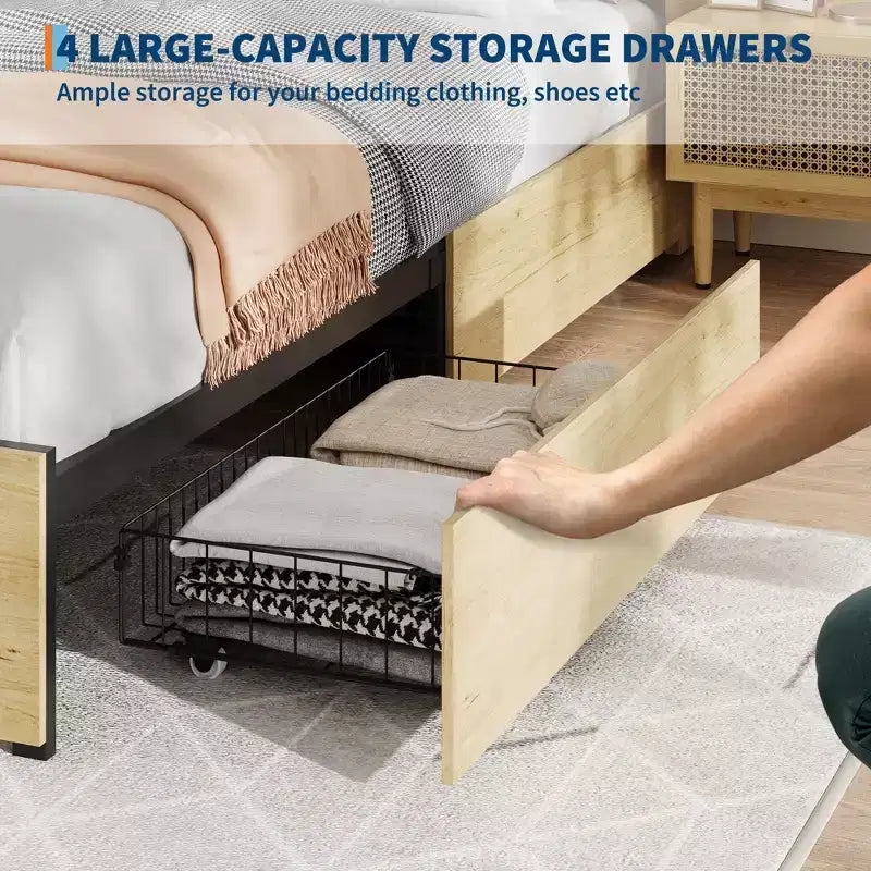 Base de cama con cabecero de ratán natural, 4 cajones de almacenamiento, lamas, soporte de colchón de caña de estilo bohemio, base de metal resistente con madera elástica
