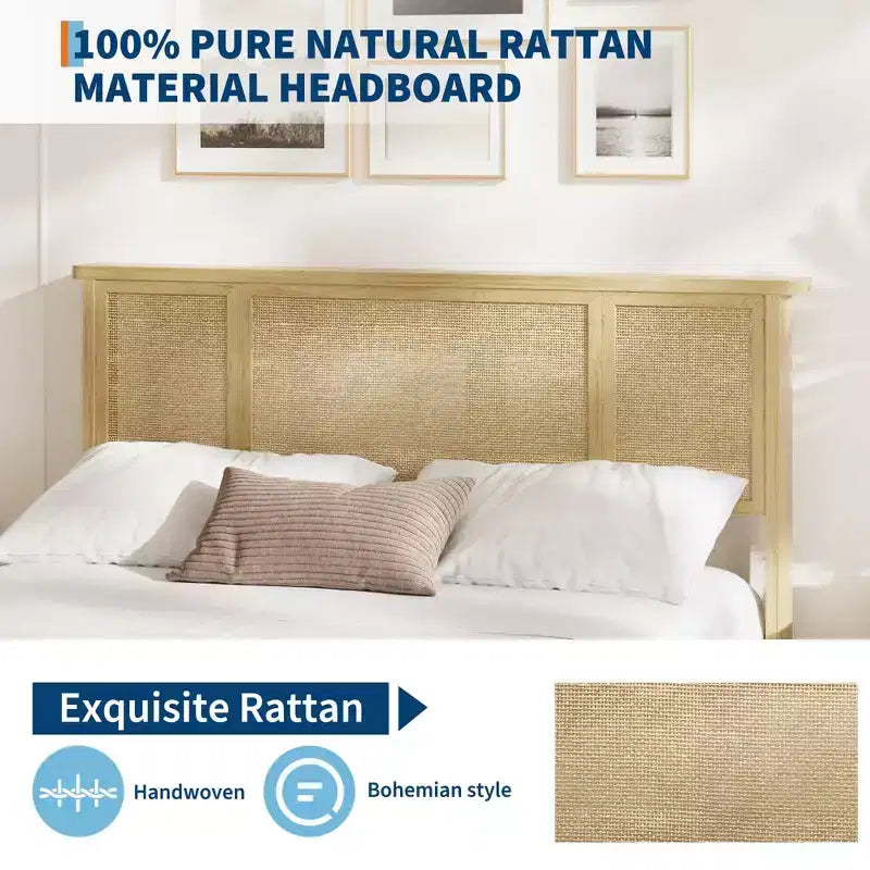 Base de cama con cabecero de ratán natural, 4 cajones de almacenamiento, lamas, soporte de colchón de caña de estilo bohemio, base de metal resistente con madera elástica