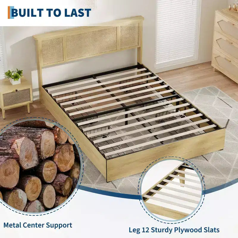 Base de cama con cabecero de ratán natural, 4 cajones de almacenamiento, lamas, soporte de colchón de caña de estilo bohemio, base de metal resistente con madera elástica
