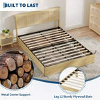 Base de cama con cabecero de ratán natural, 4 cajones de almacenamiento, lamas, soporte de colchón de caña de estilo bohemio, base de metal resistente con madera elástica