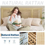 Base de cama con cabecero de ratán natural, 4 cajones de almacenamiento, lamas, soporte de colchón de caña de estilo bohemio, base de metal resistente con madera elástica