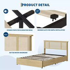 Base de cama con cabecero de ratán natural, 4 cajones de almacenamiento, lamas, soporte de colchón de caña de estilo bohemio, base de metal resistente con madera elástica