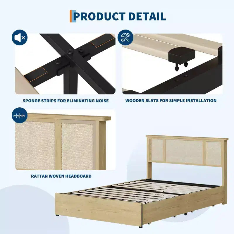 Base de cama con cabecero de ratán natural, 4 cajones de almacenamiento, lamas, soporte de colchón de caña de estilo bohemio, base de metal resistente con madera elástica