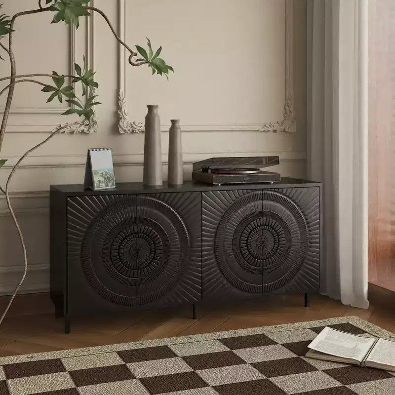 Aparador moderno de madera negra, mueble de almacenamiento de cocina con estantes ajustables y diseño de puerta termoformada, apto para cocinas, negro