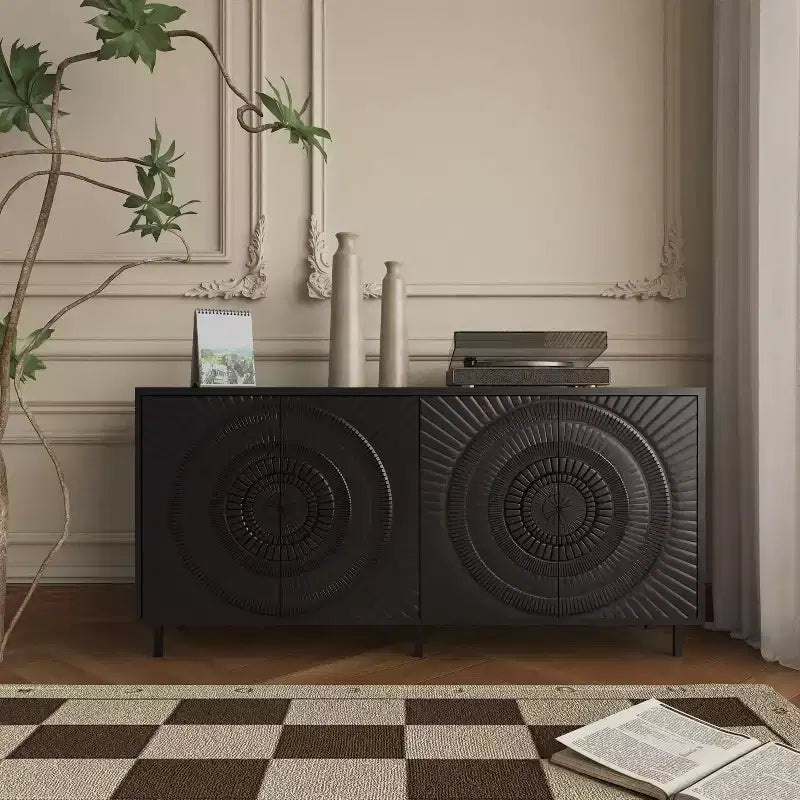 Aparador moderno de madera negra, mueble de almacenamiento de cocina con estantes ajustables y diseño de puerta termoformada, apto para cocinas, negro