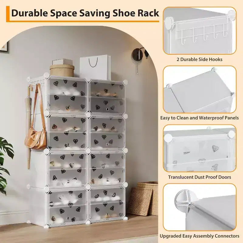 Zapatero desmontable de 8 niveles, organizador expandible para 32 pares con puerta para entrada y dormitorio, blanco