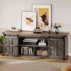 Mueble de TV estilo granja para televisores de 75 pulgadas con toma de corriente, centro de entretenimiento largo con puertas corredizas de granero para sala de estar, dormitorio, blanco y negro