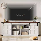 Mueble de TV estilo granja para televisores de 75 pulgadas con toma de corriente, centro de entretenimiento largo con puertas corredizas de granero para sala de estar, dormitorio, blanco y negro