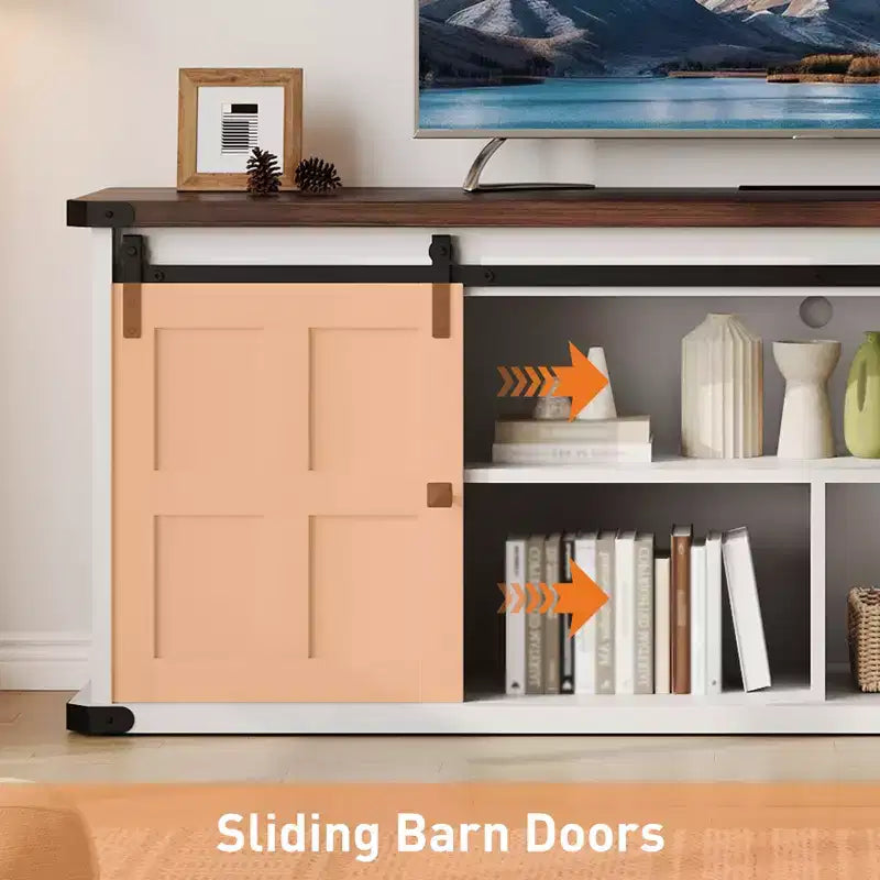 Mueble de TV estilo granja para televisores de 75 pulgadas con toma de corriente, centro de entretenimiento largo con puertas corredizas de granero para sala de estar, dormitorio, blanco y negro
