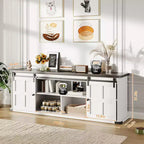 Mueble de TV estilo granja para televisores de 75 pulgadas con toma de corriente, centro de entretenimiento largo con puertas corredizas de granero para sala de estar, dormitorio, blanco y negro
