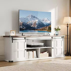 Mueble de TV estilo granja para televisores de 75 pulgadas con toma de corriente, centro de entretenimiento largo con puertas corredizas de granero para sala de estar, dormitorio, blanco y negro