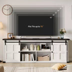 Mueble de TV estilo granja para televisores de 75 pulgadas con toma de corriente, centro de entretenimiento largo con puertas corredizas de granero para sala de estar, dormitorio, blanco y negro