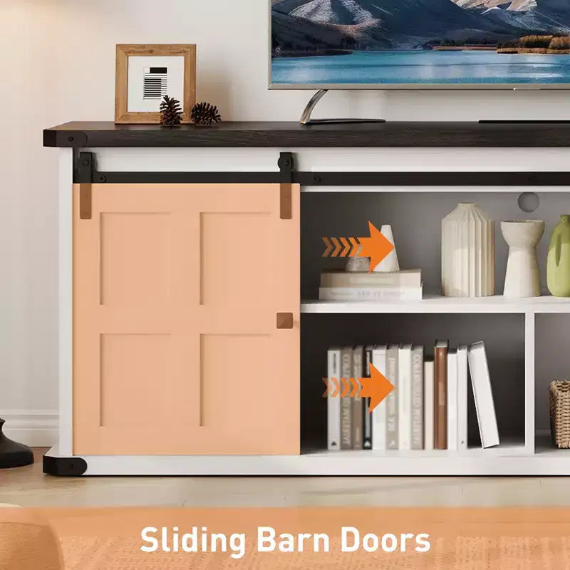 Mueble de TV estilo granja para televisores de 75 pulgadas con toma de corriente, centro de entretenimiento largo con puertas corredizas de granero para sala de estar, dormitorio, blanco y negro