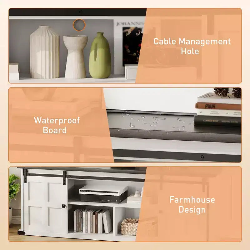 Mueble de TV estilo granja para televisores de 75 pulgadas con toma de corriente, centro de entretenimiento largo con puertas corredizas de granero para sala de estar, dormitorio, blanco y negro