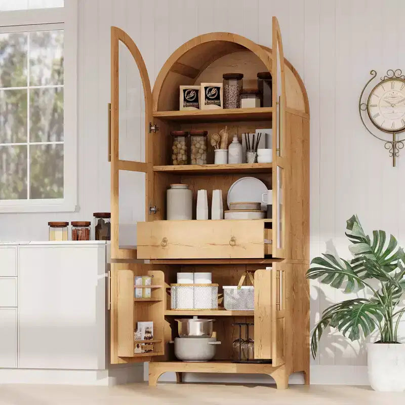 Armario de despensa de cocina alto y arqueado de 71", armario de almacenamiento independiente con puerta de vidrio, gabinete de barra de café para cocina, comedor