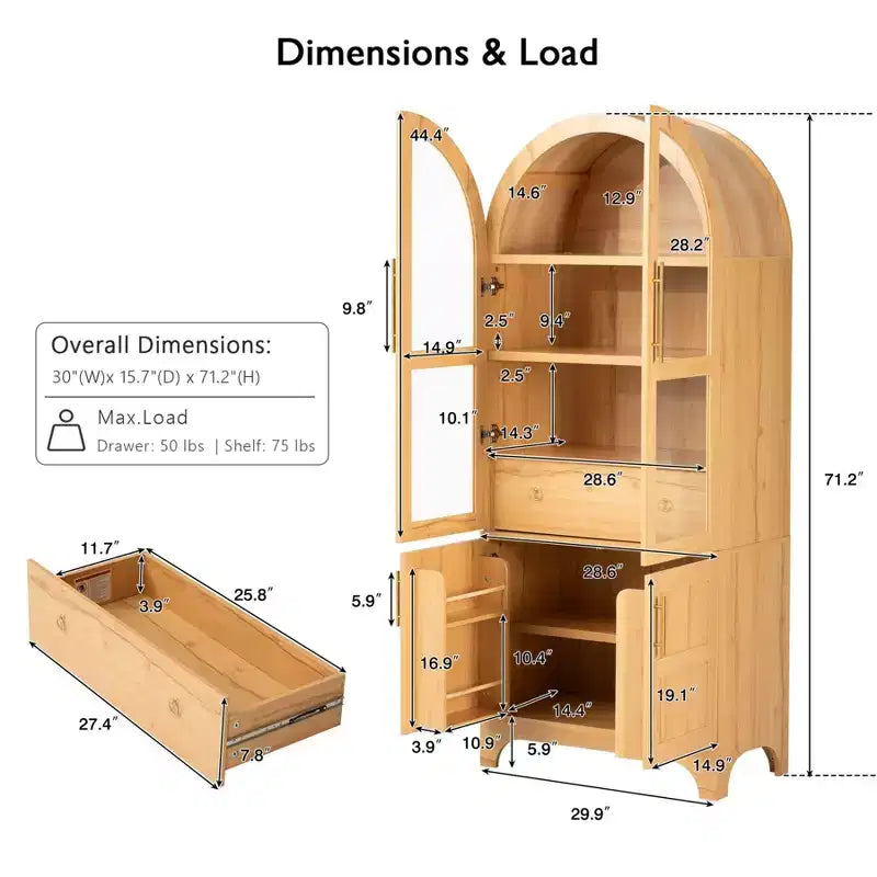 Armario de despensa de cocina alto y arqueado de 71", armario de almacenamiento independiente con puerta de vidrio, gabinete de barra de café para cocina, comedor