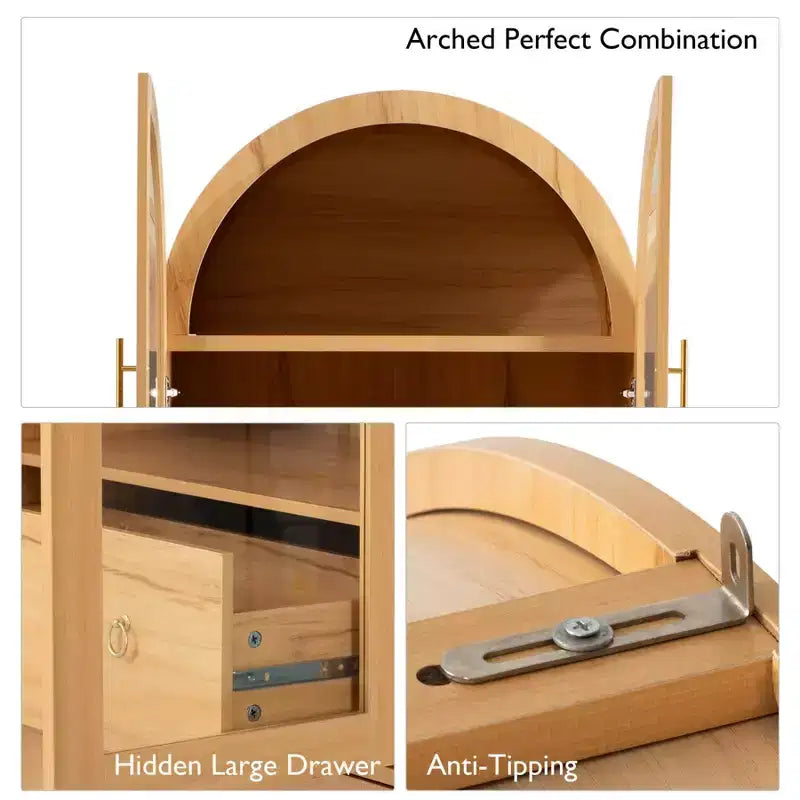 Armario de despensa de cocina alto y arqueado de 71", armario de almacenamiento independiente con puerta de vidrio, gabinete de barra de café para cocina, comedor