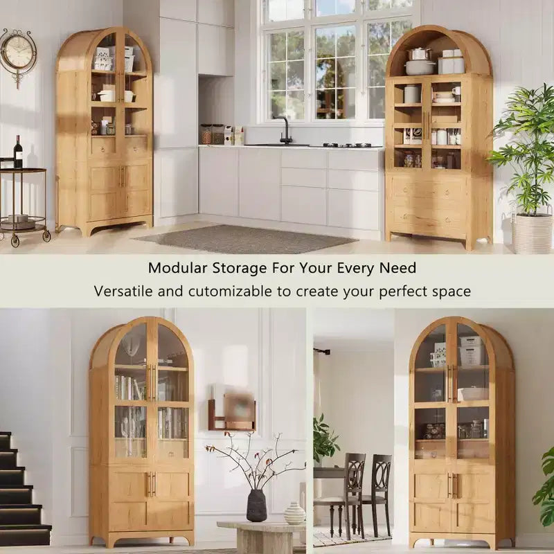 Armario de despensa de cocina alto y arqueado de 71", armario de almacenamiento independiente con puerta de vidrio, gabinete de barra de café para cocina, comedor