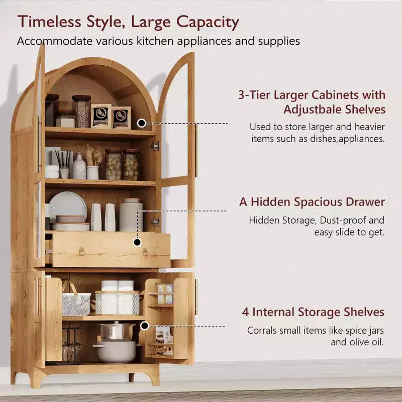 Armario de despensa de cocina alto y arqueado de 71", armario de almacenamiento independiente con puerta de vidrio, gabinete de barra de café para cocina, comedor