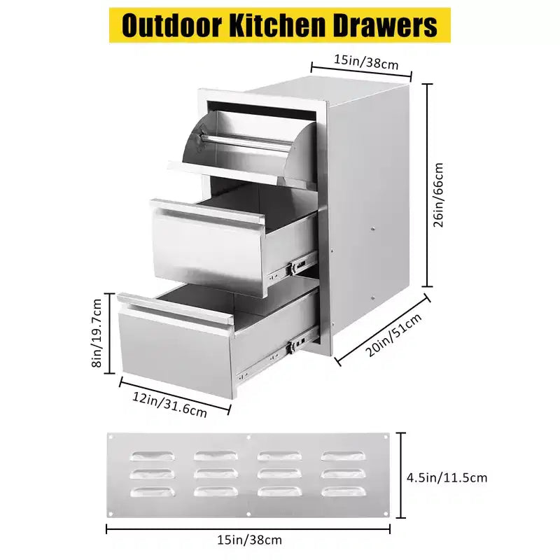 Cajón de acero inoxidable para exteriores, almacenamiento resistente al óxido y a la intemperie con guías de cierre suave para parrilla de barbacoa/cocina