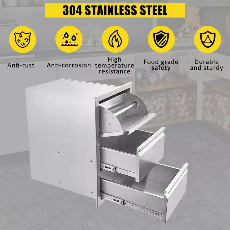 Cajón de acero inoxidable para exteriores, almacenamiento resistente al óxido y a la intemperie con guías de cierre suave para parrilla de barbacoa/cocina
