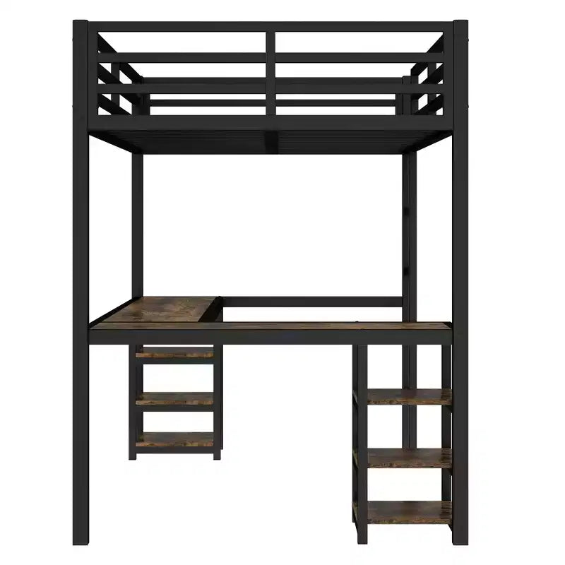 Cama alta de metal Twin XL con escritorio y estantes, cama alta con escalera y barandillas, estructura de cama alta para dormitorio, negra