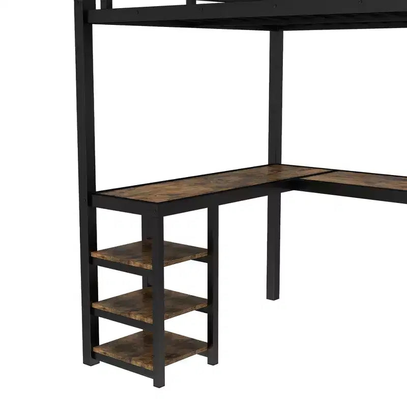 Cama alta de metal Twin XL con escritorio y estantes, cama alta con escalera y barandillas, estructura de cama alta para dormitorio, negra
