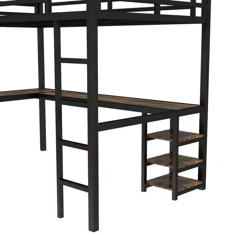 Cama alta de metal Twin XL con escritorio y estantes, cama alta con escalera y barandillas, estructura de cama alta para dormitorio, negra