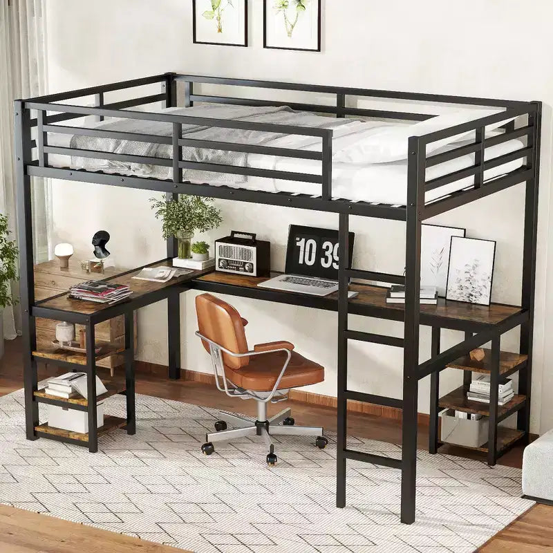 Cama alta de metal Twin XL con escritorio y estantes, cama alta con escalera y barandillas, estructura de cama alta para dormitorio, negra