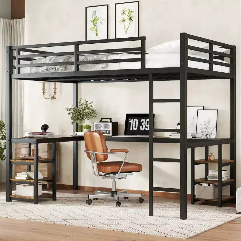 Cama alta de metal Twin XL con escritorio y estantes, cama alta con escalera y barandillas, estructura de cama alta para dormitorio, negra