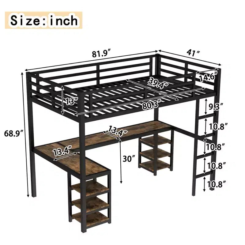 Cama alta de metal Twin XL con escritorio y estantes, cama alta con escalera y barandillas, estructura de cama alta para dormitorio, negra
