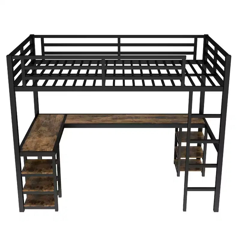 Cama alta de metal Twin XL con escritorio y estantes, cama alta con escalera y barandillas, estructura de cama alta para dormitorio, negra