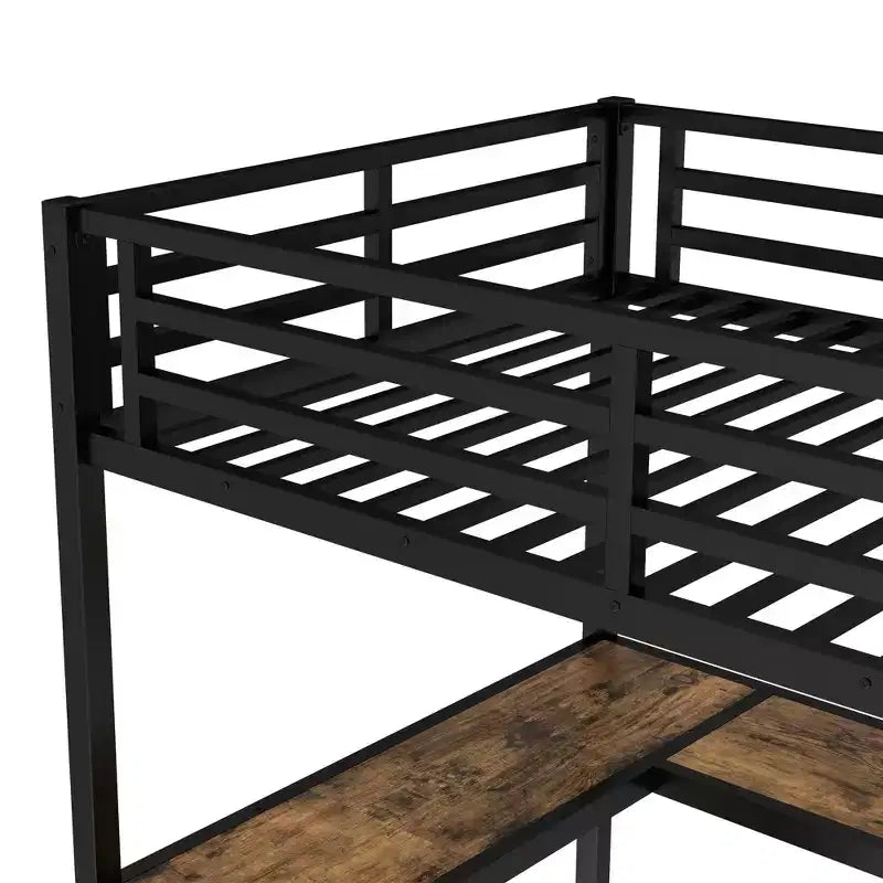 Cama alta de metal Twin XL con escritorio y estantes, cama alta con escalera y barandillas, estructura de cama alta para dormitorio, negra