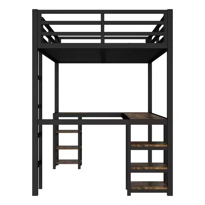 Cama alta de metal Twin XL con escritorio y estantes, cama alta con escalera y barandillas, estructura de cama alta para dormitorio, negra