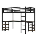 Cama alta de metal Twin XL con escritorio y estantes, cama alta con escalera y barandillas, estructura de cama alta para dormitorio, negra