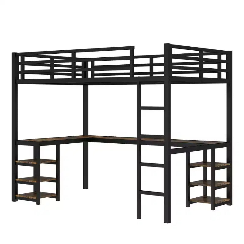 Cama alta de metal Twin XL con escritorio y estantes, cama alta con escalera y barandillas, estructura de cama alta para dormitorio, negra